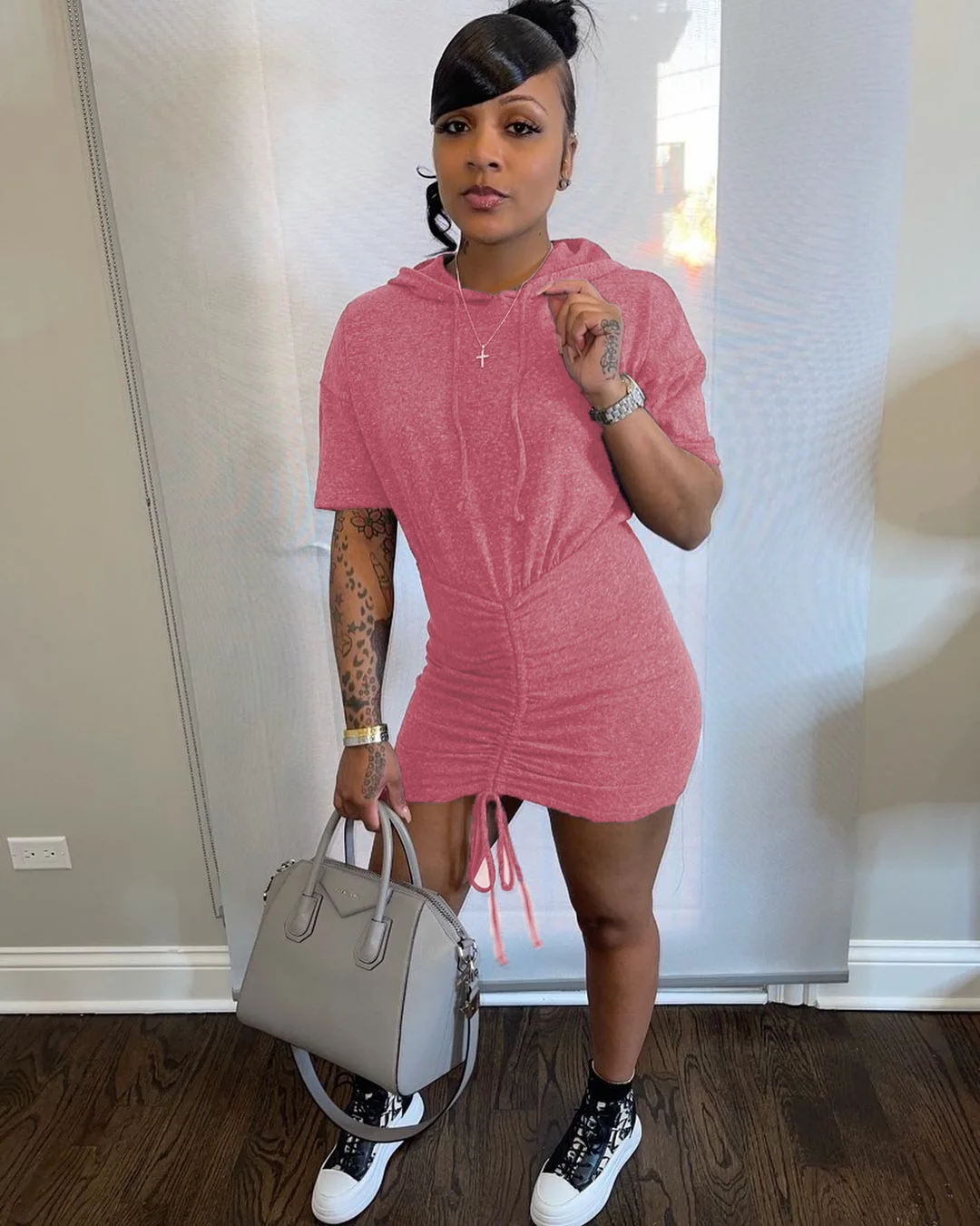 Женское облегающее платье с коротким рукавом плиссированное хлопковое мини