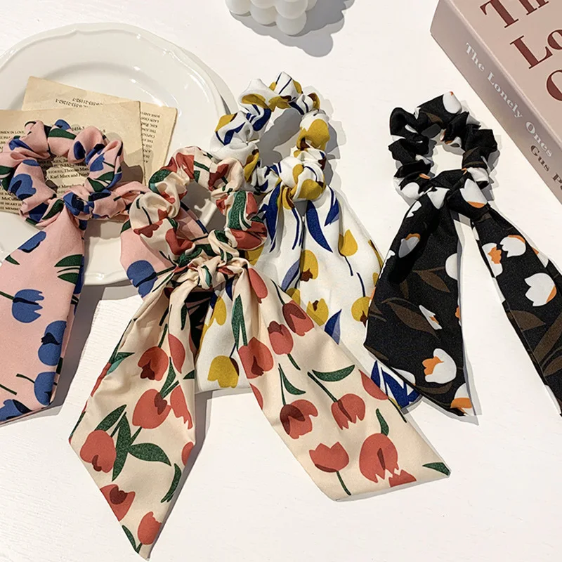 

Bow Scrunchies For Girls Hair Accessories Floral Print Elastic Hair Bands Hair Wear Kids Ponytails Headdress Hair Ring