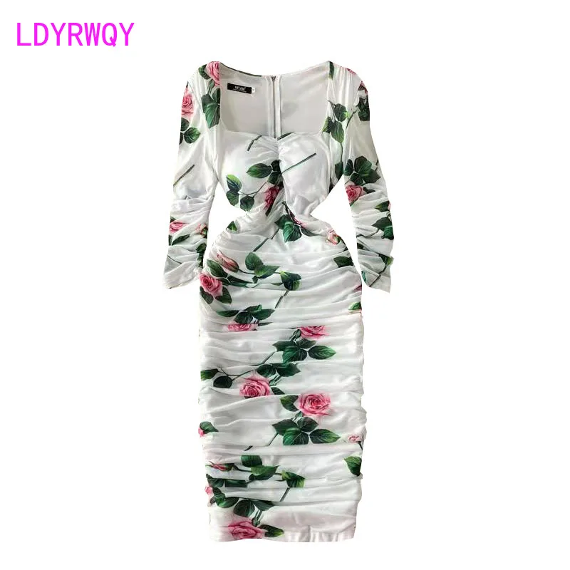 

LDYRWQY Spring retro court wind rose printing OL temperament elegant mesh elastic girdle hips dress female