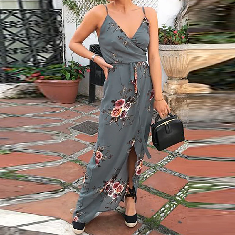

Vintage Print V-Neck Women Party Dress Sexy Hollow Out Split Slim Fit Dress Summer Sleeveless Plus Size XL Beach Dress Vestidos