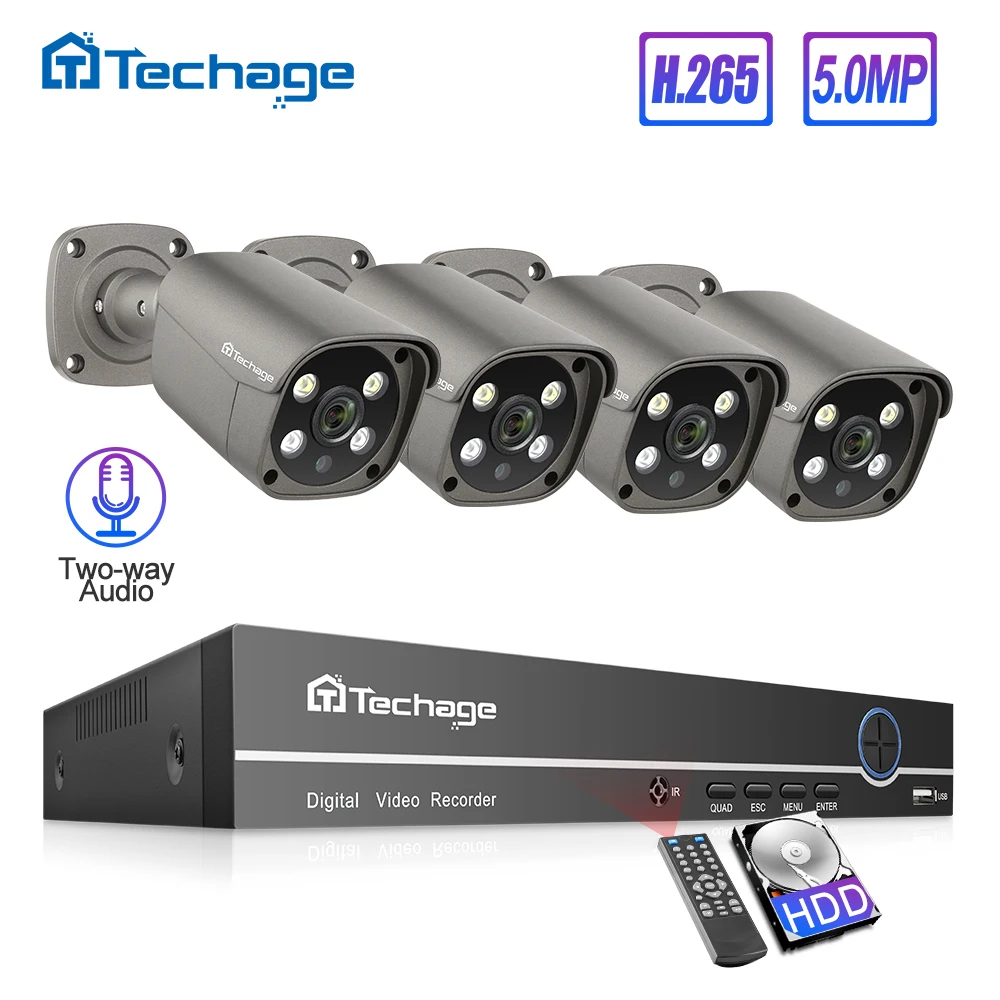 Techage H.265 4CH 5MP POE NVR комплект системы видеонаблюдения двухсторонняя аудио AI IP камера ИК Открытый водонепроницаемый видео безопасности комплект наблюдения