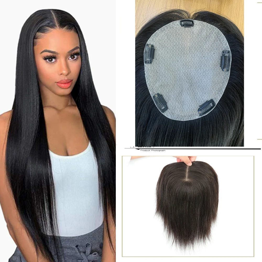 14'' Big Base Topper Hair 120% Density Clips In Toupee Hair For Women Human Hair Toupee Remy Hair 13*15 Silk Base Natural Color