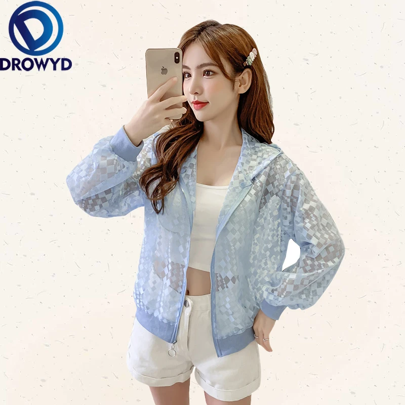 

Summer Women Thin V-neck Hooded Beach Short Coat Transparent Casual Long Sleeve Hollow Out Jacket Fashion Streetwear Jacket Hot
