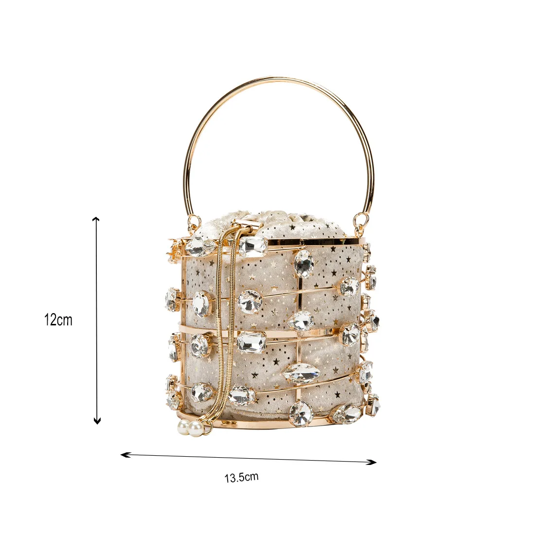 

Luxury Diamond Metal Bucket Design Diamonds Pearl Handle Women Party Handbag Chain Purse Shoulder Bag Crossbody Bag