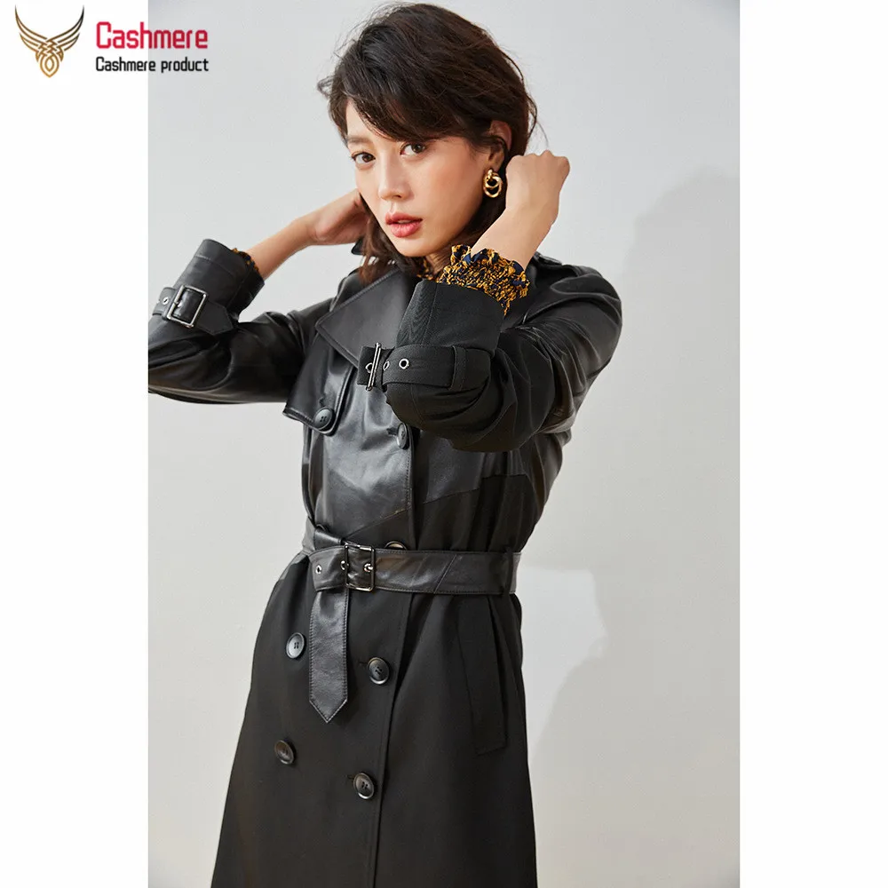 

Winter Sheepskin Women's Coat Long Sheep Leather Trench Coat Women Lapel Stitching Leather Jacket Autumn Black Leather Jacket