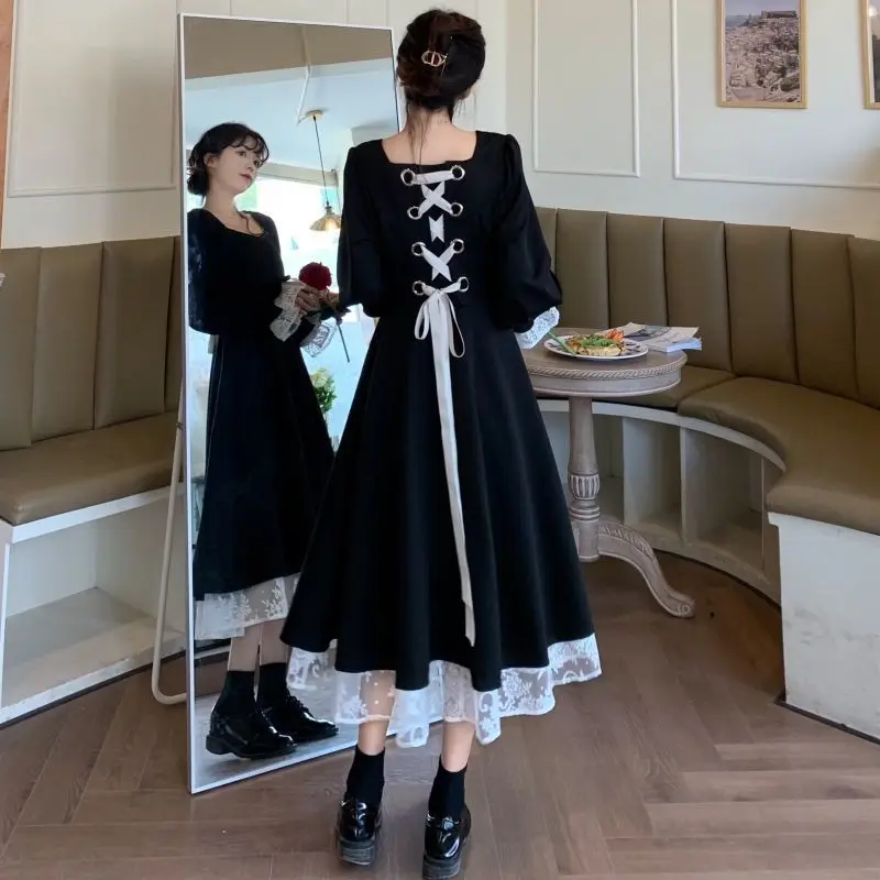 

French Vintage Long Sleeve Dress Women Large Size M-4XL Bandage Now Lace Patchwork Elegant Sweet A-line Black High Waist Vestido
