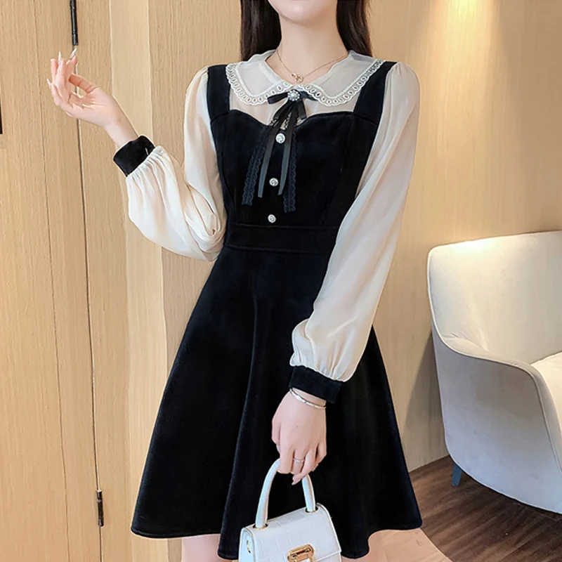 

Mesh Black Dress Women Stand Neck Lantern Long Sleeve Party Robe High Waist Slim Vestidos Korean Elegant Vintage Velvet Dresses