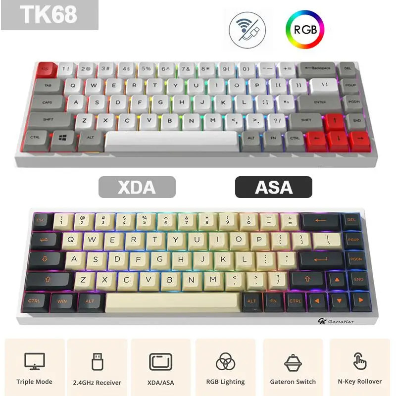 

68 клавиш TK68 Hotswap игровая механическая клавиатура, тройной режим, bluetooth 2,4G, Type-c, переключатель Gateron, ASA/XDA Profile PBT, колпачки клавиш