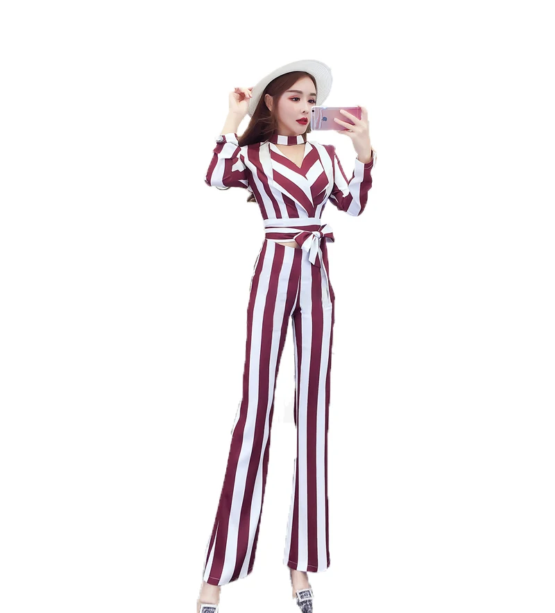 

Stripe bow spring v-neck long-sleeve wide-legged pants suit coat