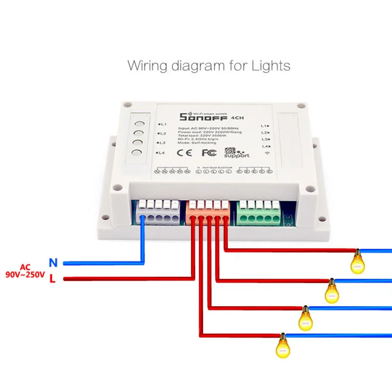 Sonoff 4CH R2 ITEAD WiFi Smart Switch 4 канала монтажа на din-рейку ewelink работа с Alexa iftt Google домашней автоматизации