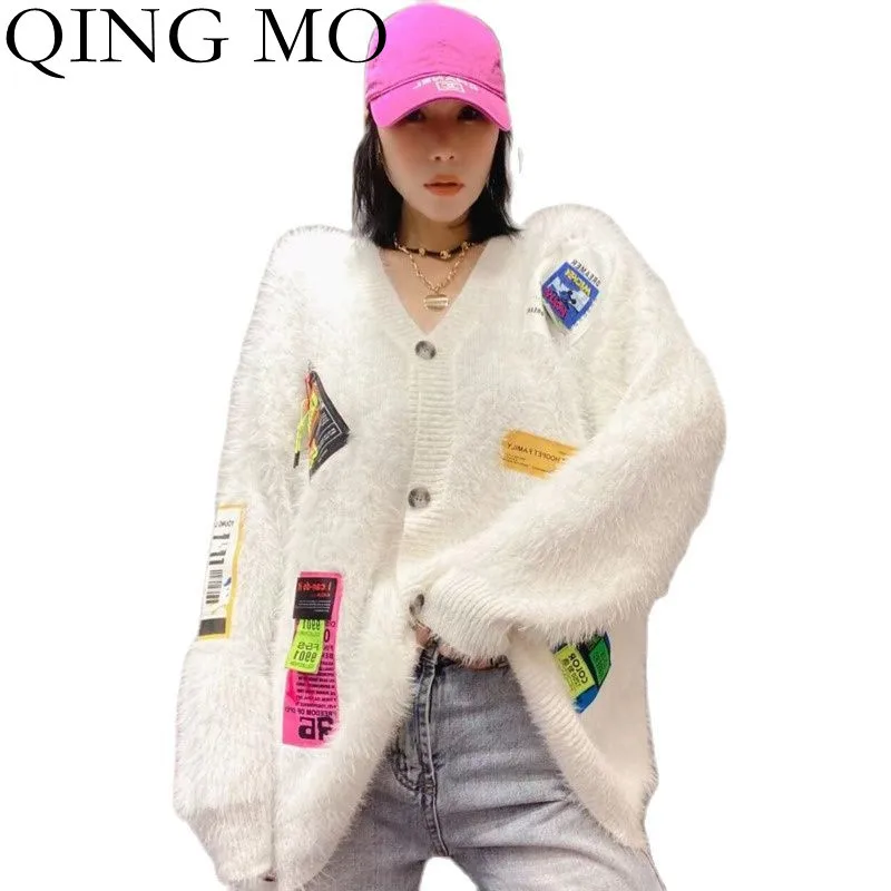 

Женский однобортный Кардиган QING MO, вязаный кардиган из норки, куртка большого размера на осень 2021