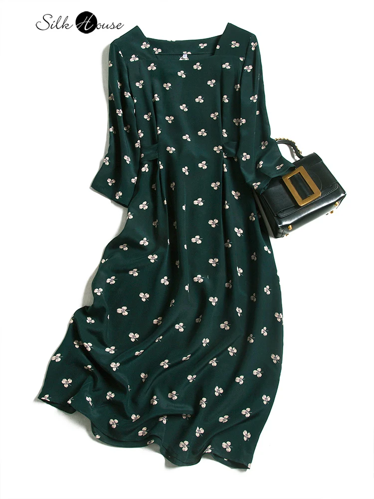 

2020 New Autumn Dress Cut Waist Silk Square Leader Mouth Knotted Dress
