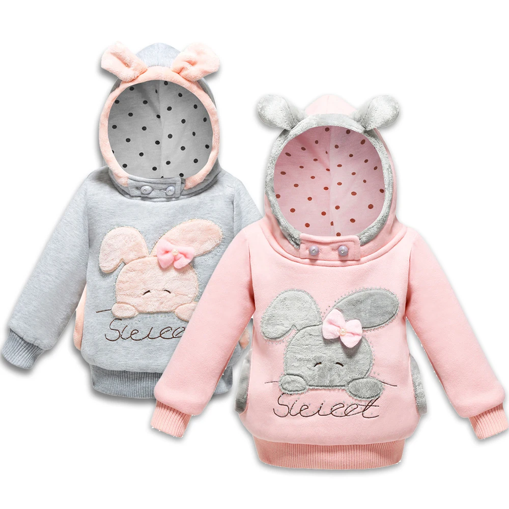 

2 Colors Sweet Rabbit Hooded Girls Coat Autumn Winter Thick Warm Kids Jacket Cute Cotton Kids Sweater 1-5 Year Baby Girl Clothes