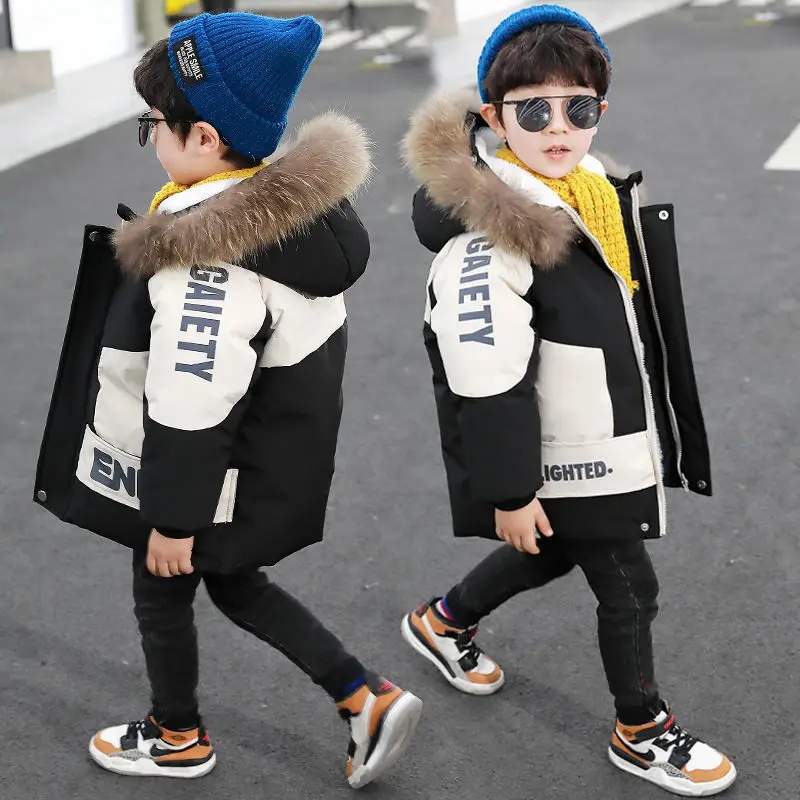 

Winter 4-12Years Boys Jackets Cotton Padded Clothing New Cotton Plus Velvet Thickening Warm Hooded Fur Collar Coat For Childrens