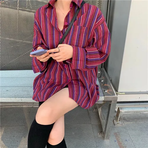 Темно-розовые Красные Полосатые повседневные свободные карманные кнопки линии