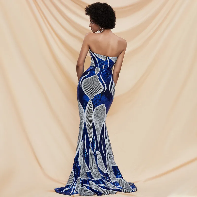 

Plus Size Women Dress 2020 Sequined Strapless Vintage Party Sexy Long Dress