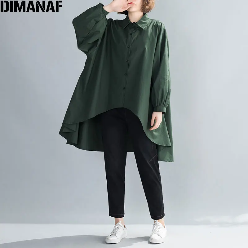 Женская Асимметричная блузка DIMANAF однотонная хлопковая оверсайз с длинным