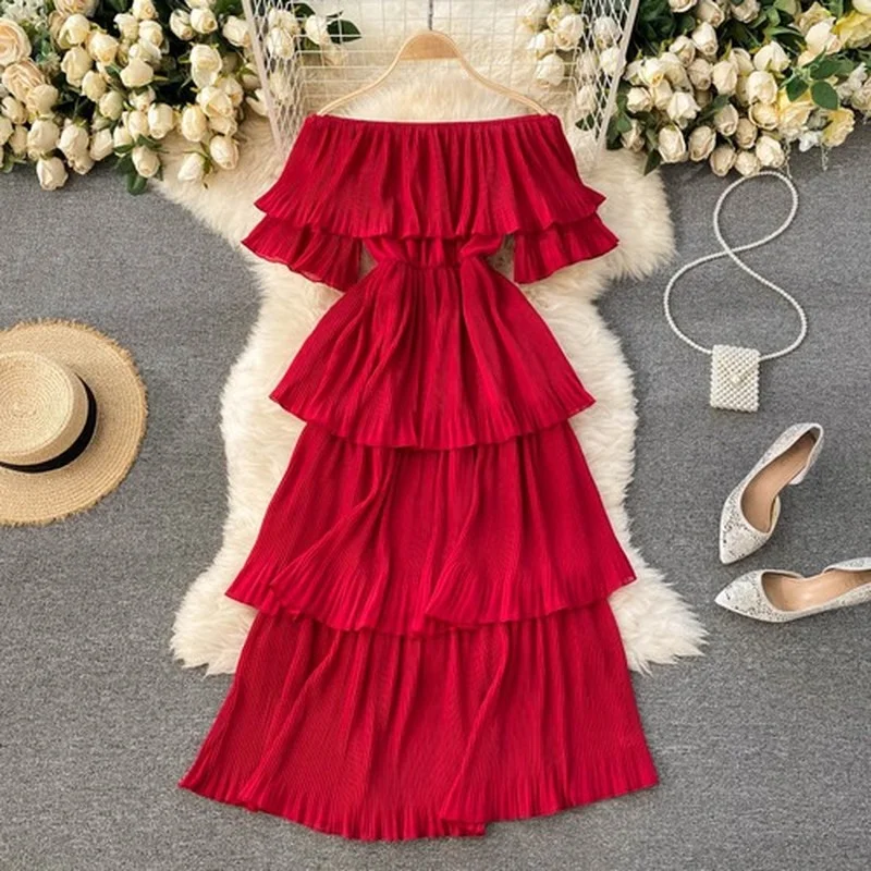 

Sexy Slash Neck Strapless Shoulder Slim Dress Women 2021 High Waist Hip Ruffles Patch Solid Vestido Short Sleeve Holiday Robe