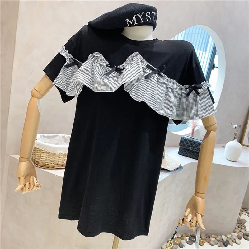 

Niche Design New Women's Clothing Summer 2021 Fashion Loose Ruffle Plaid Stitching Decorative Short Sleeve T-shirt Design Top