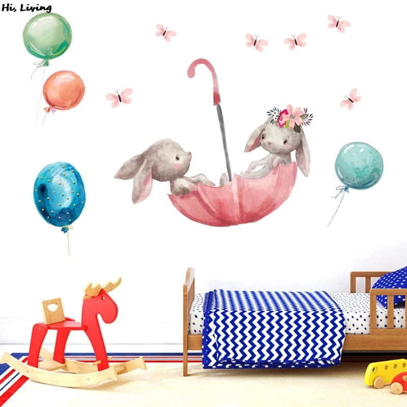

Cartoon Cute Bunny Air Balloon Wall Stickers for Baby Nursery Room Decoration Wall Decals Matte Material PVC Stickers Watercolor