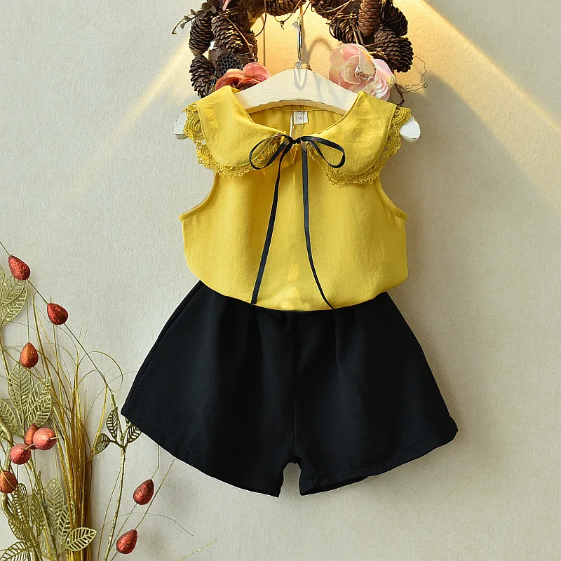 AZ2121Yellow Комплекты одежды «меларио» г. Одежда для детей футболка без рукавов с бантом+ штаны с принтом комплекты детской одежды из 2 предметов костюм для маленьких девочек - Цвет: AZ2121Yellow
