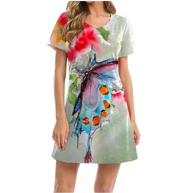 

2021 Summer Womens Plants Printing Dresses Casual Side Split Above Knee Dress Loose Round-Neck Short Sleeve Comfy Dress
