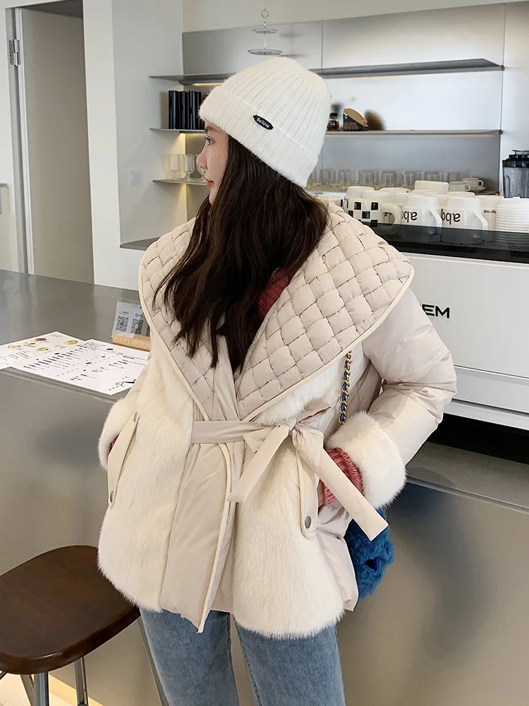 

Haining fur 2021 autumn new loose Plaid woven Lapel mink down jacket for women