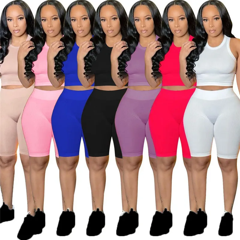 

WUHE Rib Knit Tracksuits Outfits O Neck Sleeveless Off Shoulder Tanks Top and Slim Short Pants Sports Fitness Casual 2 Piece Set