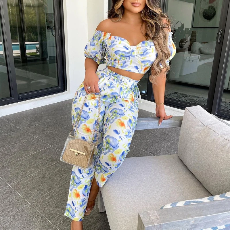 

New style ladies trouser suit, fashion female printed pattern two-piece casual off-the-shoulder top + wide-leg pants sexy suit