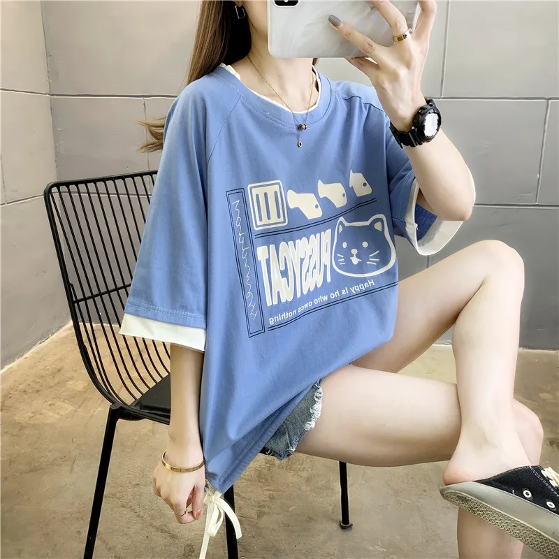 

2021 Trendy Summer plus Size Women's Clothing Girl's Fresh Style Fat Sister Slimming Top T-shirt with Short Sleeves