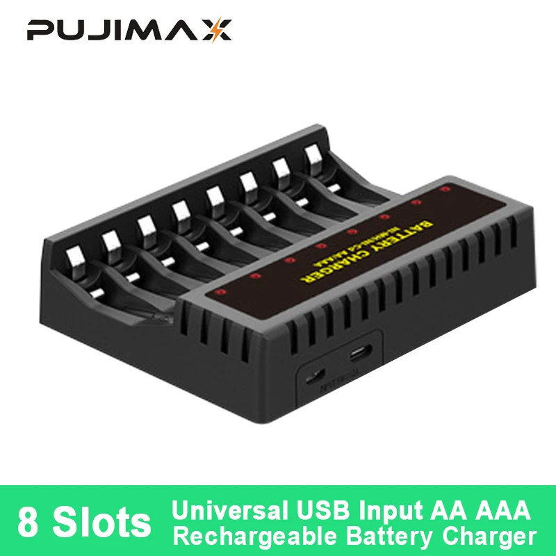 

Универсальное зарядное устройство PUJIMAX с 8 слотами, адаптер типа C, USB, зарядное устройство для батарей AA/AAA, аккумуляторные батареи, аксессуар...