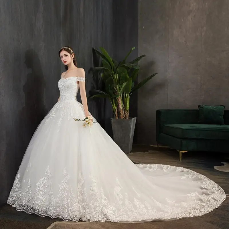 Lace Wedding Dress 2022 Embroidery Elengt Boat Neck Sweep Train Off The Shoulder Princess Luxury Dresses | Свадьбы и торжества