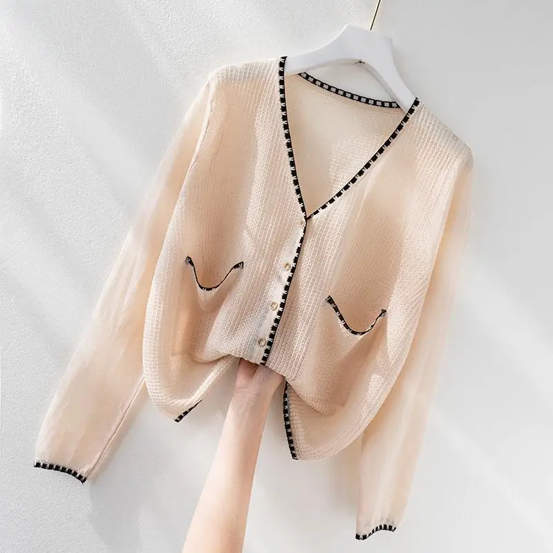 

Summer Breathable Cardigan Women Solid Outwear V-Neck Single Breasted Femal Top All Matched Clothe