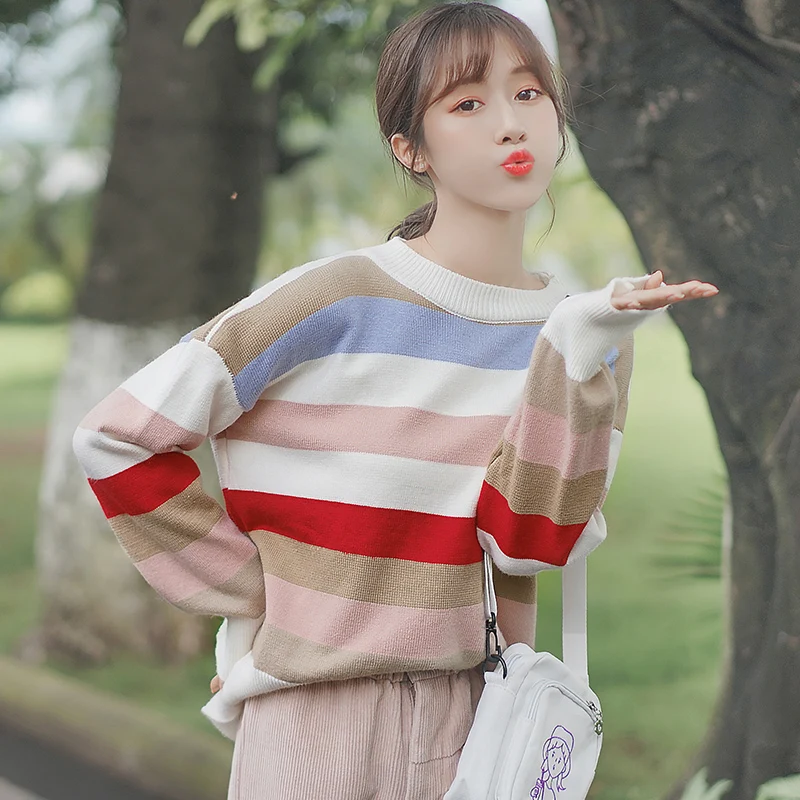 

Chic Khaki 2020 New Autumn and Winter Striped Sweater Women Loose Small Student Top Pullover Inner Sweater