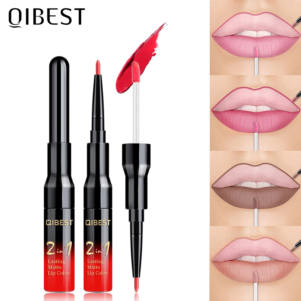 

QIBEST 2 IN 1 Lip Liner Lip Gloss 20 Colors Waterproof Matte Long-lasting Red Lipliner Makeup Nude Lip Pen Lipstick Cosmetics