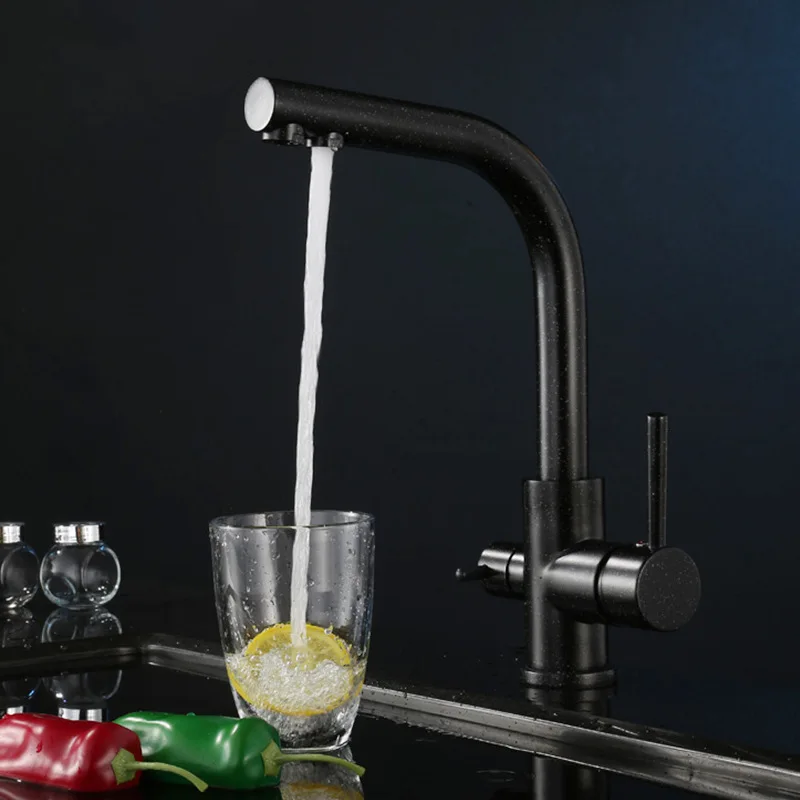 

Смесители для кухни с фильтром для воды, черный латунный кран-очиститель, двойной распылитель, для питьевой воды, крепление на раковину