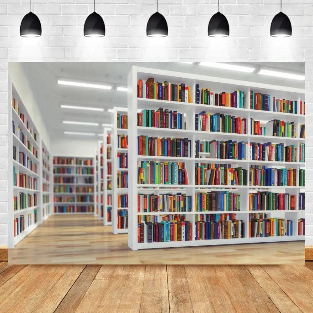 

Фон для фотосъемки с изображением книжной полки и деревянного пола