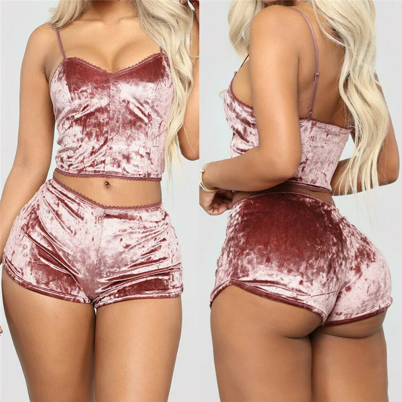 Женское нижнее белье сексуальное пижама без рукавов бархатный топ Бралетт шорты
