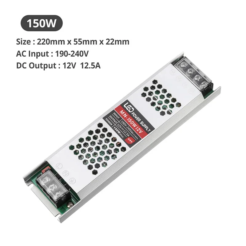 Ультра тонкий светодиодный Питание DC 12 V освещение трансформаторы 60 W 100 150 200 300 AC190