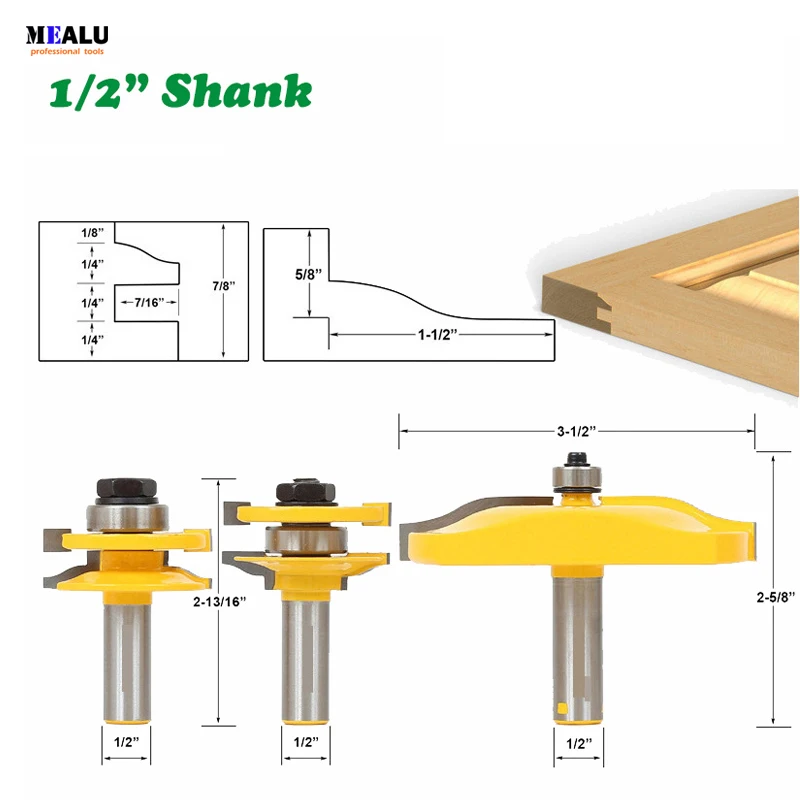 

3PC/Set 1/2" 12.7MM Shank Milling Cutter Wood Carving Door Panel Cabinet Tenon Router Bit Set Milling Cutter For Woodworking Bit