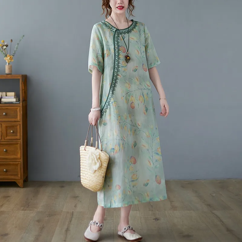 

Women Summer Cotton Linen Long Dress New 2021 Arts Style Vintage Embroidery Floral Print Ladies Elegant A-line Dresses B368