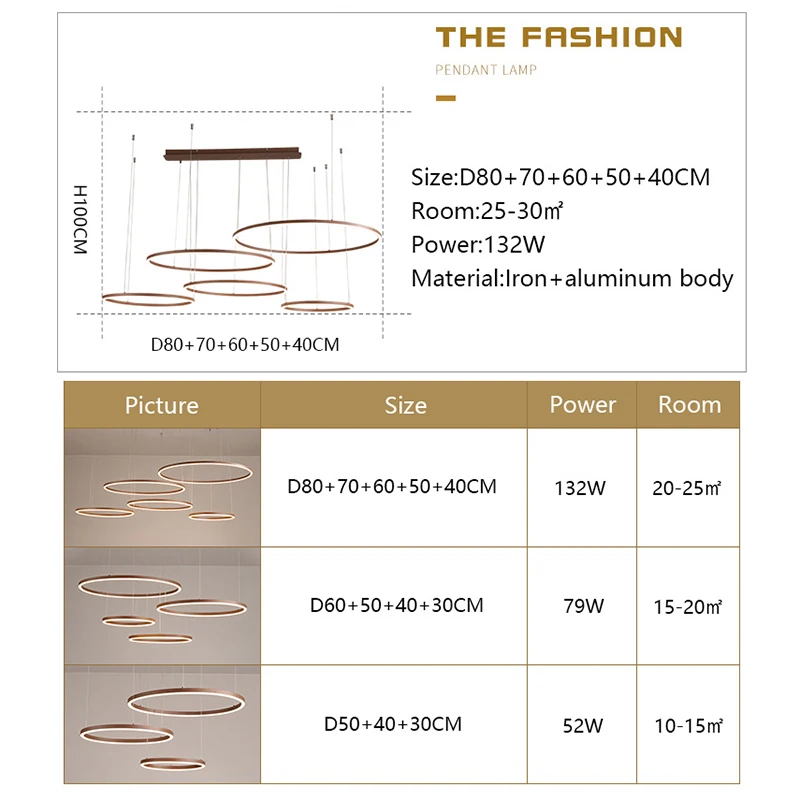 

New brown rings chandelier lighting modern LED chandelier 3/4/5 circle AC110~240V for lobby living room dining room kitchen