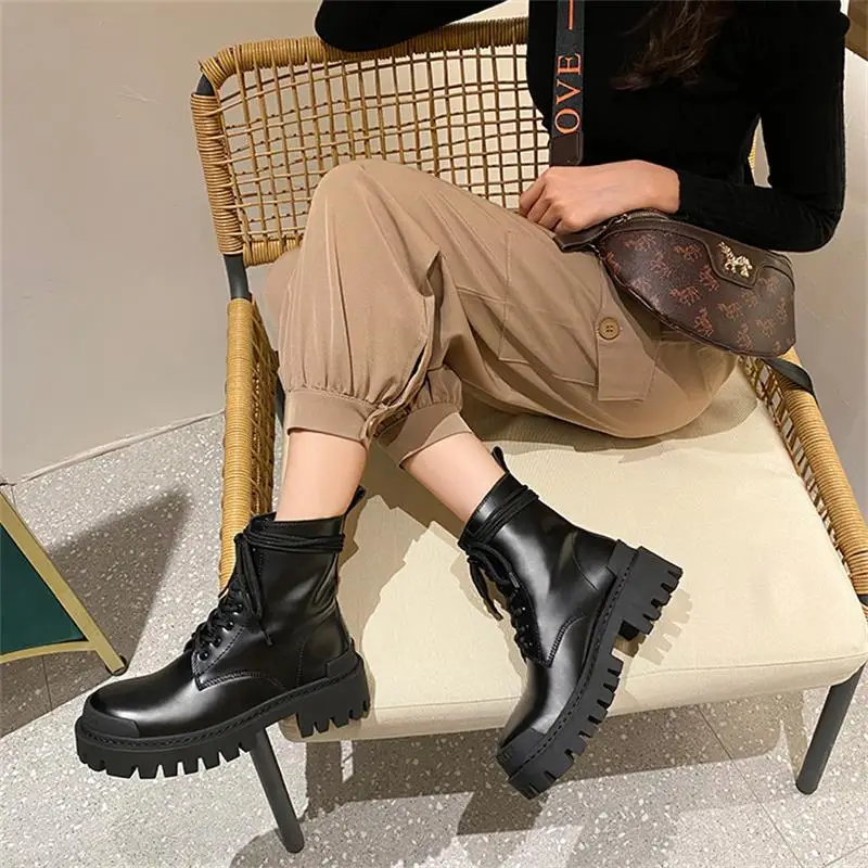 

Autumn Women Boots Motorcycle Lace Up Mixed Color Fashion Design Ladies Shoes Platform Round Toe Genuine Leather Shoes zapatilla