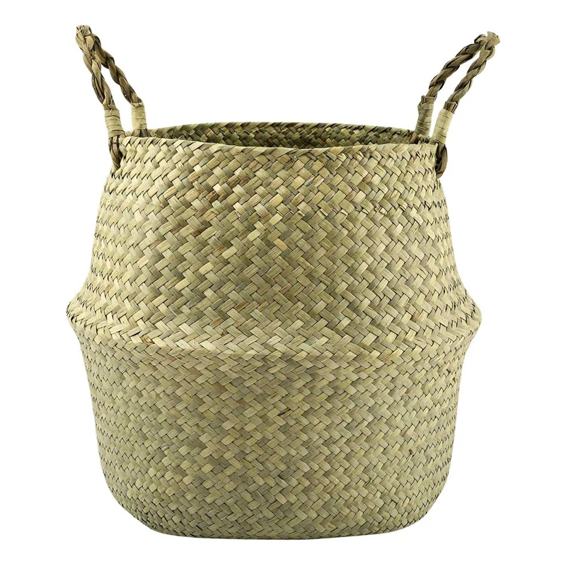 

Natural Seagr Belly Basket, 31Cm Collapsible Handmade Plant Pot Planter Weave Tote Basket with Handle for Storage Laundry Hom