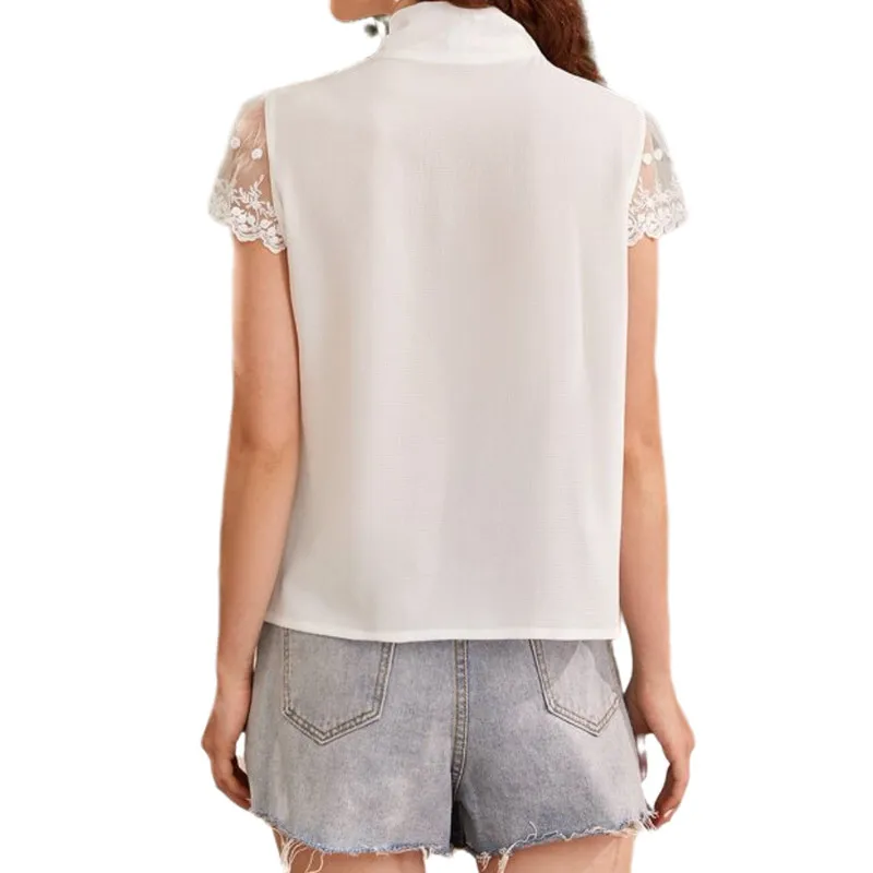 

Summer Ladies Temperament Lace Up Collar Short Sleeve Formal Blouse Girls Sweet Style Solid Color Top Female