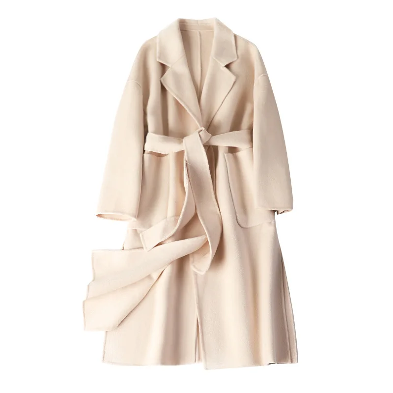 

Women Loose Woolen Winter Coat Adjustable Waist Turn-down Collar Belt Elegante new autumn Abrigos Mujer invierno