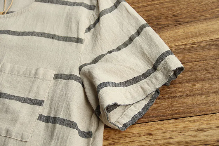

new summer women 2020 Cotton linen A-line midi dress Literary vintage stripe pocket decoration O-Neck short sleeve dress female
