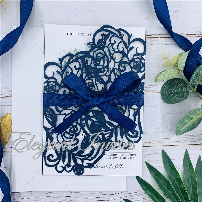 

New Elegant Customize Rose Pattern Dark Navy Laser Cut Invitation Cards With Ribbons For Wedding Bridal Shower Engagement