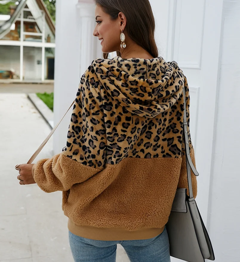 

Women's leopard stitching teddy bear coat female 2019 winter long sleeve furry soft warm clothing hooded zipper jacket feminino