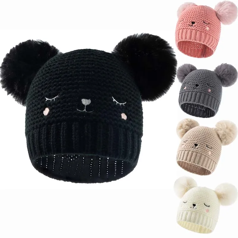

Cute Pompoms Knitted Beanie Hats For Kids Baby Toddler Hat 0-3 Ages Boy Girl Beanie Caps Warm Winter Hat Solid Color Bonnet